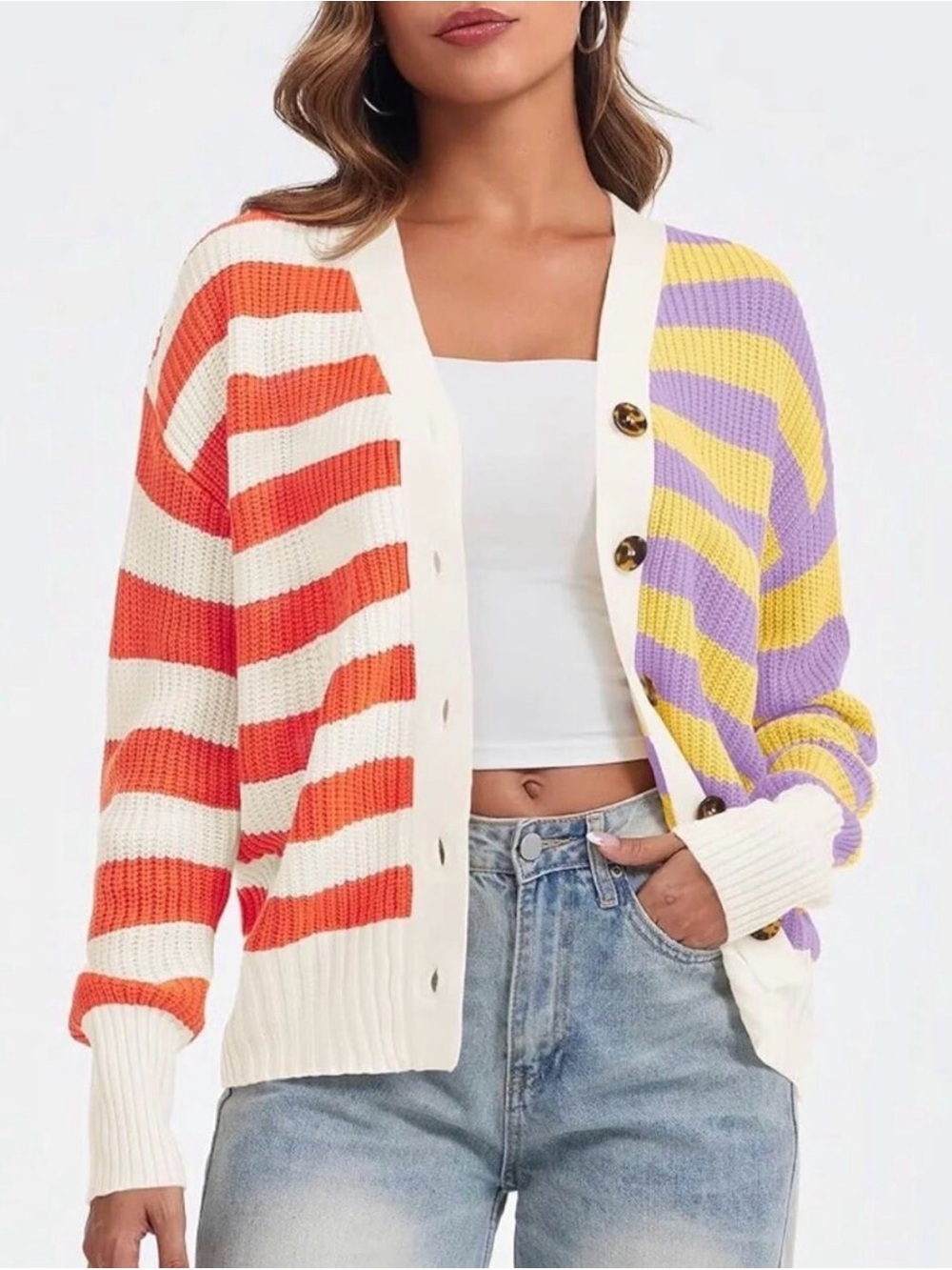 STAUD Striped Cardigan Sweater - Orange, Purple, Yellow, Cream